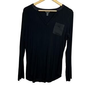Ambrielle Black VEGAN Leather Pocket/Collar V-Neck Long Sleeve Top Size M